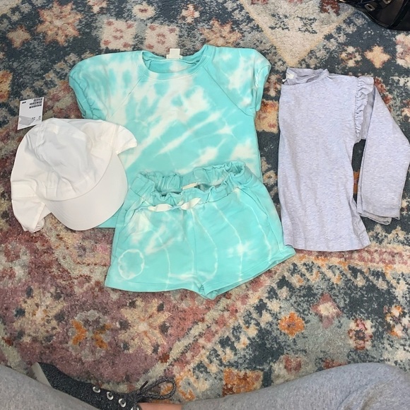 Crewcuts & H&M Tie Dye Short Set Blue Ruffle Long Sleeve Top and NEW Sun hat - Picture 1 of 7